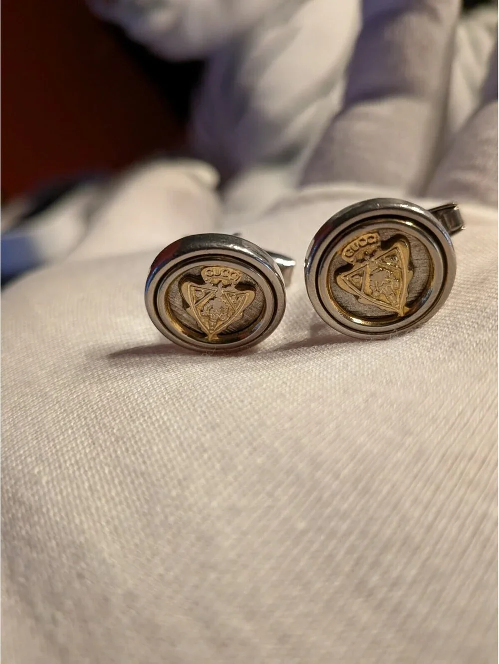 Vintage Gucci Tie Clip Cufflinks Gold Silver Two Tone Set G Logo Emblem Italy